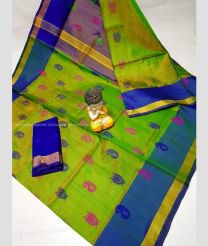 Parrot Green and Blue color Uppada Tissue handloom saree with all over nakshtra buties design -UPPI0001676