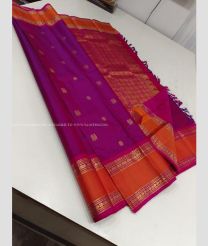 Magenta and Orange color kanchi pattu handloom saree with all over buties with 2g pure jari traditional border design -KANP0013711
