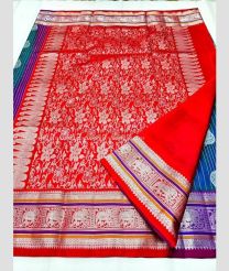 Navy Blue and Red color venkatagiri pattu handloom saree with all over silver lines and buties with elephant border design -VAGP0000860