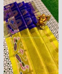 Blue and Yellow color Kollam Pattu handloom saree with pochampalli border saree design -KOLP0000673