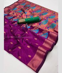 Magenta and Green color paithani sarees with all over jari buties with copper jari munia design border -PTNS0005071