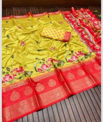 Yellow and Burgundy color Lichi sarees with all over 3d high quality pichvai printed with dayebal jari woven jacquard penal border design -LICH0000410