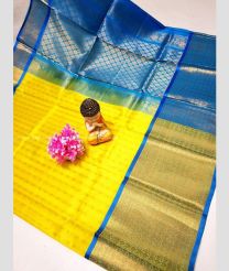 Yellow and Blue Ivy color kuppadam pattu handloom saree with all over buties with kanchi border design -KUPP0096729