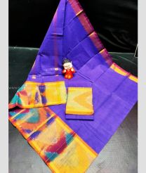 Purple Blue and Orange color Uppada Cotton handloom saree with plain with pochampalli border design -UPAT0004245