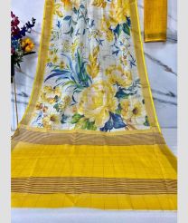Half White and Yellow color linen sarees with all over digital printed with gold jari border design -LINS0003713