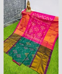 Teal and Pink color Uppada Soft Silk handloom saree with all over pochampally with big kaddi border design -UPSF0003761