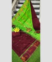 Maroon and Green color Tripura Silk handloom saree with pochampally border design -TRPP0008543