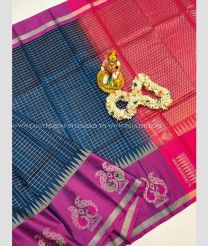 Blue Jay and Pink color Kollam Pattu handloom saree with all over checks design -KOLP0001699