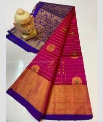 Pink Plum and Blue color Kollam Pattu handloom saree with all over checks and buties sarees design -KOLP0000666