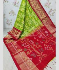 Light Green and Red color Ikkat sico handloom saree with all over pochamally design -IKSS0000268