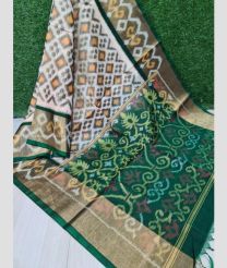 White and Green color pochampally Ikkat cotton handloom saree with all over pochampally design saree -PIKT0000104