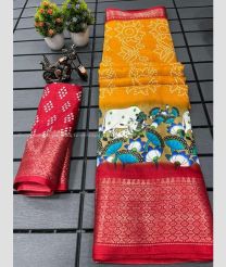 Mustard Yellow and Burgundy color silk sarees with all over printed with 5inch jacquard border design -SILK0017567