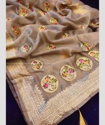 Brown color Organza sarees with embroidery and heavy khatali work with gold zari embroidery border design -ORGS0002958