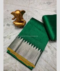 Pine Green and Mustard Yellow color mangalagiri sico handloom saree with plain with 150 by 50 jari border design -MAGI0000202