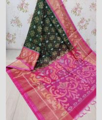 Pine Green and Pink color Ikkat sico handloom saree with all over pochampally design saree -IKSS0000284