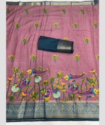 Dust Pink and Dark Teal color silk sarees with all over flower mill printed with small woven border design -SILK0014427