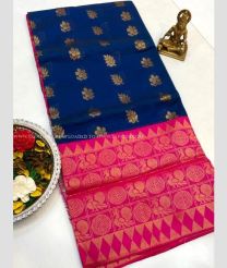 Navy Blue and Pink color Chenderi silk handloom saree with all over jill checks and buties design -CNDP0012480