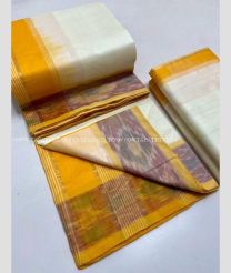 Half White and Mustard Yellow color Tripura Silk handloom saree with plain and thread woven lines with pochampally border design -TRPP0008033