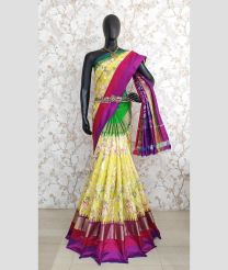 Lemon Yellow and Pink color pochampally ikkat pure silk sarees with kanchi border design -PIKP0037929