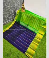 Navy Blue and Parrot Green color Kollam Pattu handloom saree with all over hand buties design -KOLP0001537