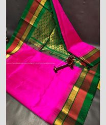 Neon Pink and Dark Green color kuppadam pattu handloom saree with plain with temple border design -KUPP0097009