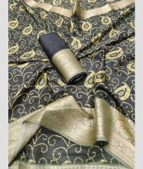 Charcoal Black and Fern Green color linen sarees with heavy jacquard border design -LINS0003007