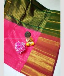 Pink and Pine Green color kuppadam pattu handloom saree with all over buties with kanchi border design -KUPP0096735