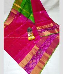 Deep Pink and Green color uppada pattu handloom saree with all over nakshtra buties with pochampally border design -UPDP0021028