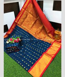 Navy Blue and Red color Chenderi silk handloom saree with all over buties with kaddi border design -CNDP0016258