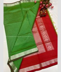 Green and Red color Chenderi silk sarees with all over checks design -CNDP0016309