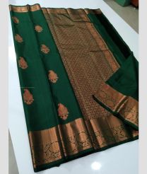 Pine Green and Golden color kanchi pattu handloom saree with all over big buties with double warp copper jari border design -KANP0013593