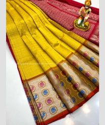 Mustard Yellow and Red color kuppadam pattu handloom saree with all over checks and buties design -KUPP0096737