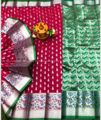 Crimson and Pine Green color Chenderi silk handloom saree with all over silver buties with paithani border design -CNDP0016076