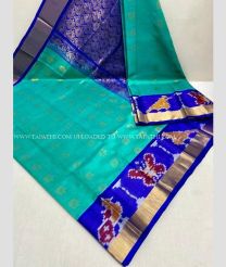 Blue Turquoise and Royal Blue color kuppadam pattu handloom saree with all over buties with pochampally border design -KUPP0083283