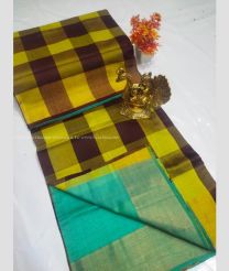 Yellow and Turquoise color Tripura Silk handloom saree with all over checks design -TRPP0008010