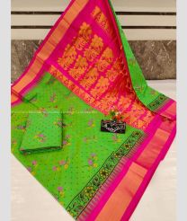 Pine Green and Pink color Chenderi silk handloom saree with all over pinted with special temple border design -CNDP0016040