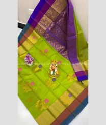 Parrot Green and Purple color Chenderi silk handloom saree with all over kuppadam buties design -CNDP0015125