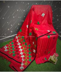 Red and Black color linen sarees with all over embroidery design -LINS0003090
