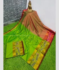 Green and Brown color Uppada Soft Silk handloom saree with plain with pochampalli border design -UPSF0003635