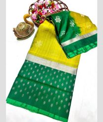 Golden Yellow and Dark Green color uppada pattu sarees with all over nakshtra buttas design -UPDP0022088