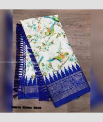 Half White and Royal Blue color silk sarees with zari border saree design -SILK0002773