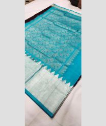 Brown and Sky BLue color venkatagiri pattu handloom saree with temple border saree design -VAGP0000438