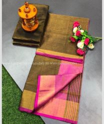 Oak Brown and Pink color Uppada Tissue handloom saree with plain with big border design -UPPI0001266