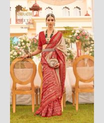 Cream and Red color silk sarees with all over buties with gold printed design -SILK0017393