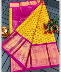 Pink and Yellow color kuppadam pattu handloom saree with all over pochampally ikkat with kanchi pletu border design -KUPP0090009