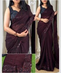 Chocolate and Black color Chiffon sarees with black sequin work with tone to tone thread work design -CHIF0001855