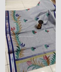 Grey and Navy Blue color Uppada Cotton handloom saree with all over brush printed design -UPAT0004501