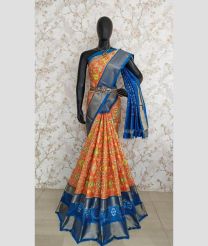 Orange and Blue color pochampally ikkat pure silk handloom saree with pochampally ikkat design -PIKP0036747