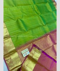 Parrot Green and Magenta color kanchi pattu handloom saree with all over double warp thread with traditional buties design -KANP0013702