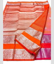 Coral Pink and Orange color venkatagiri pattu handloom saree with all over jall check and silver big buties design -VAGP0000890